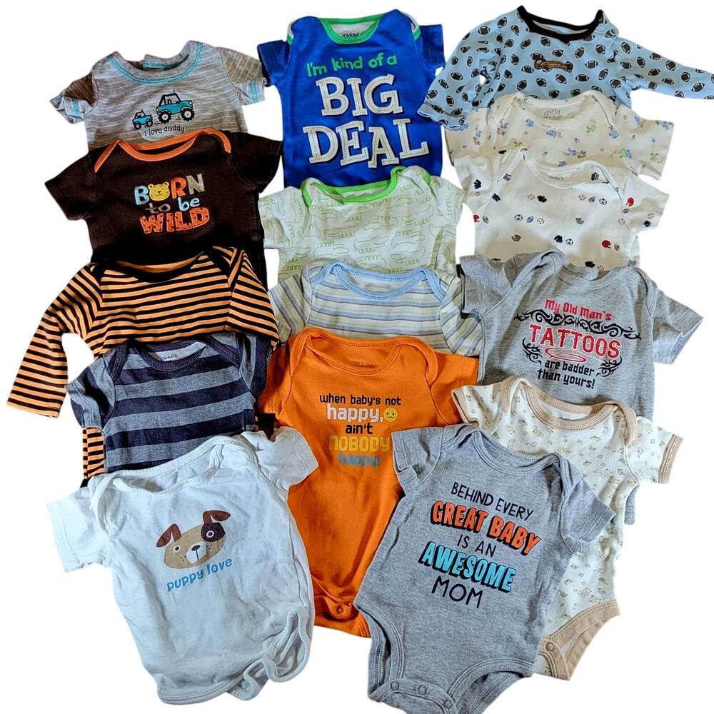15 Assorted Baby Bodysuits 0-6 Months - Graphic Prints & Stripes Mom, Tattoos,